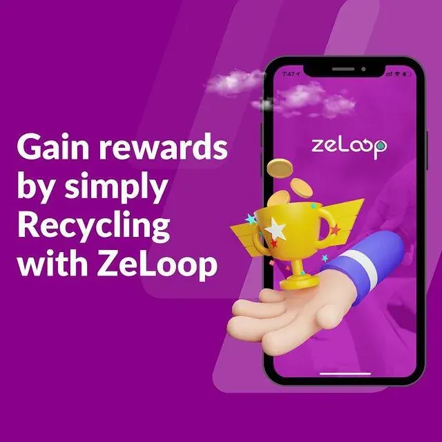 ZeLoop app promo showing a smartphone and trophy with the text Gain rewards by simply Recycling with ZeLoop ZeLoop app promo showing a smartphone and trophy with the text Gain rewards by simply Recycling with ZeLoop