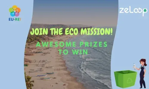 Beach-themed promo for joining an eco mission with recycling mascot and text about awesome prizes to win Beach-themed promo for joining an eco mission with recycling mascot and text about awesome prizes to win