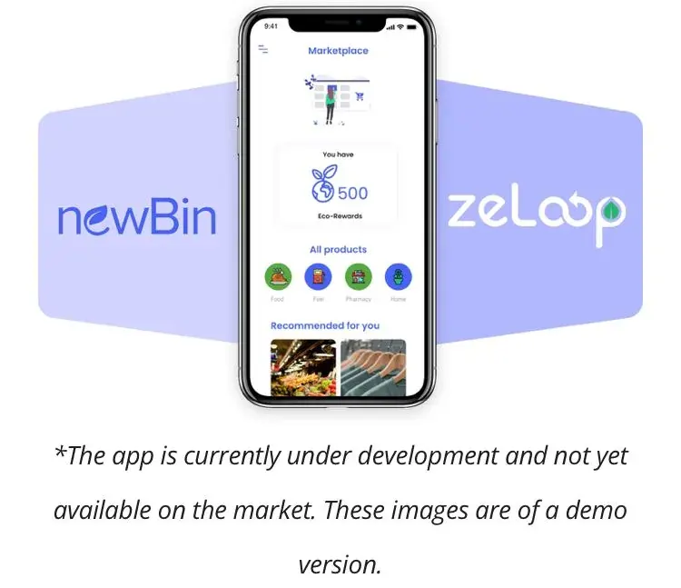 Demo screen of a sustainability marketplace app showing products and a note that the app is under development Demo screen of a sustainability marketplace app showing products and a note that the app is under development
