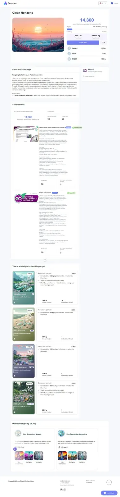 Panxpan Clean Horizons campaign page showing ZeLoop plastic credit metrics and blockchain-verified recovery data Panxpan Clean Horizons campaign page showing ZeLoop plastic credit metrics and blockchain-verified recovery data