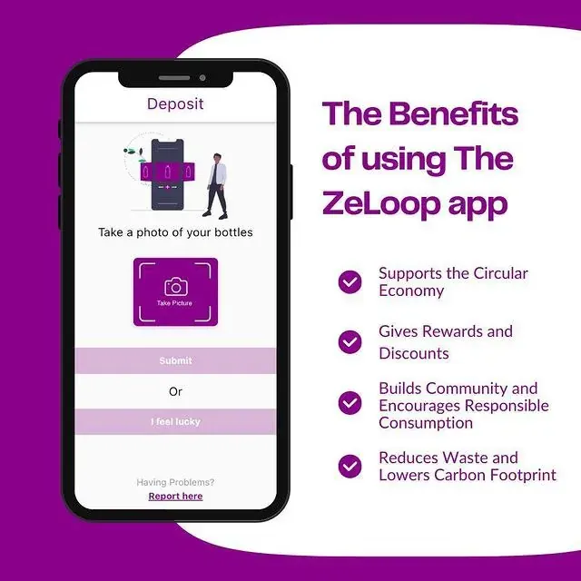 Graphic listing benefits of using the ZeLoop app for depositing plastic bottles and supporting circular economy actions Graphic listing benefits of using the ZeLoop app for depositing plastic bottles and supporting circular economy actions