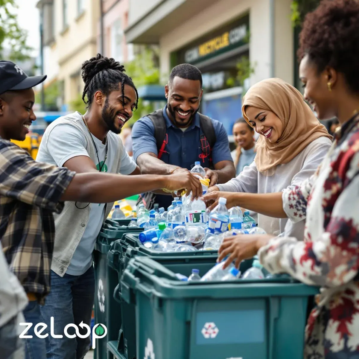 Group of people recycling plastic bottles at a city collection point in the UAE Group of people recycling plastic bottles at a city collection point in the UAE