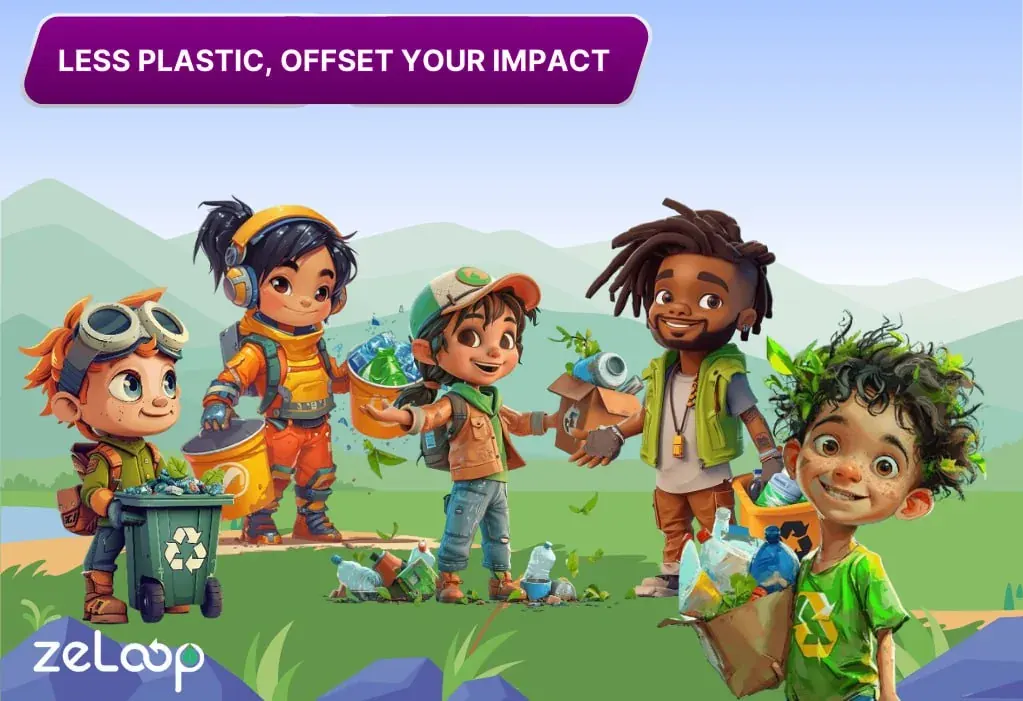 Promotional photo with the slogan LESS PLASTIC, OFFSET YOUR IMPACT related to plastic waste and offsetting Promotional photo with the slogan LESS PLASTIC, OFFSET YOUR IMPACT related to plastic waste and offsetting