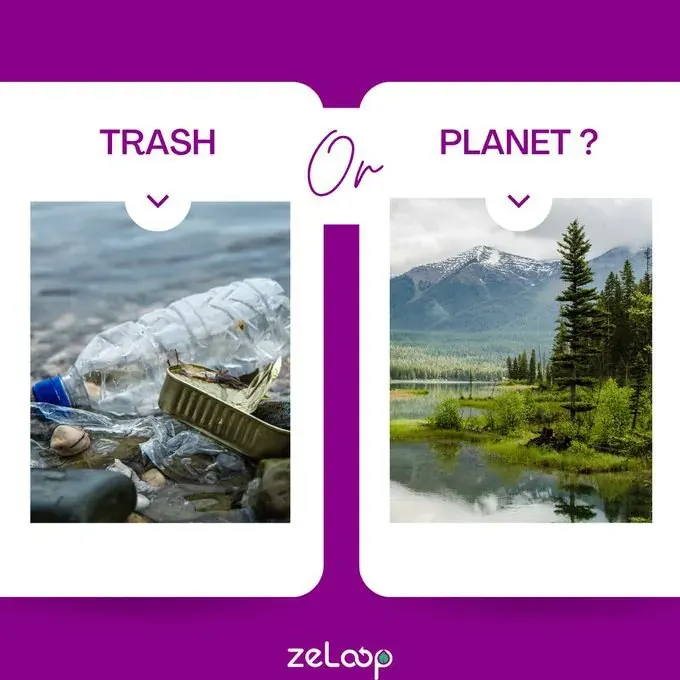 Split view contrasting plastic litter with unspoiled nature, branded with the ZeLoop logo