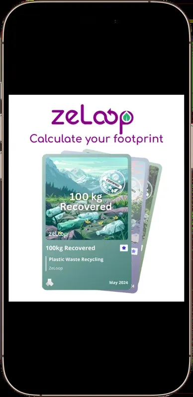 Smartphone screen showing the ZeLoop app calculating a plastic footprint and recovered plastic waste Smartphone screen showing the ZeLoop app calculating a plastic footprint and recovered plastic waste
