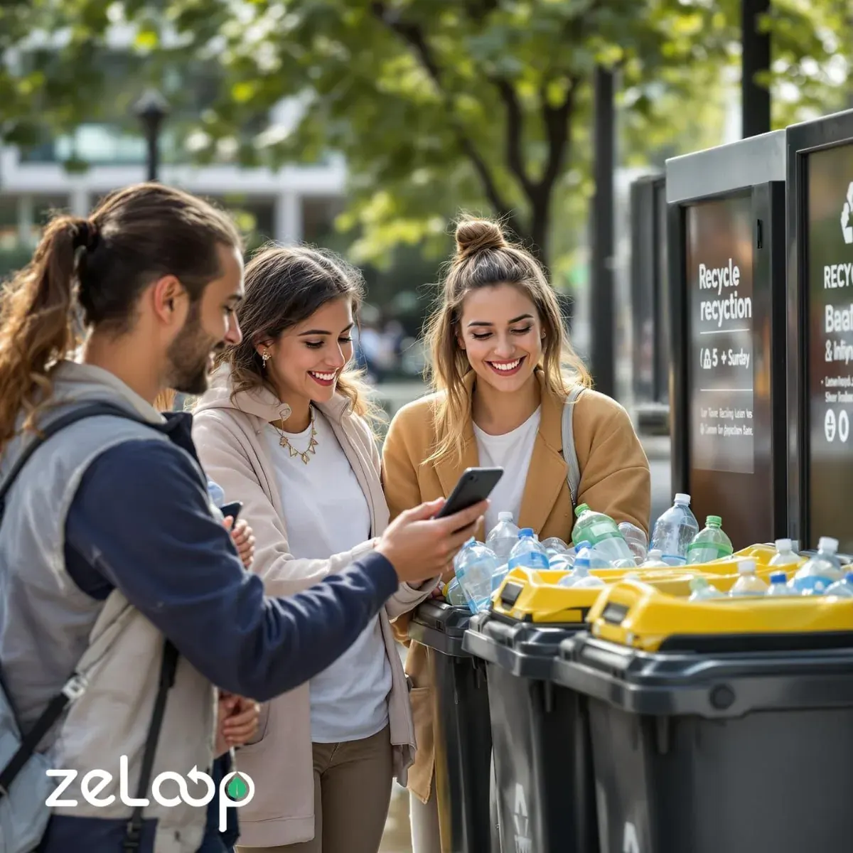 Students standing by outdoor recycling bins checking a phone while sorting bottles on campus Students standing by outdoor recycling bins checking a phone while sorting bottles on campus