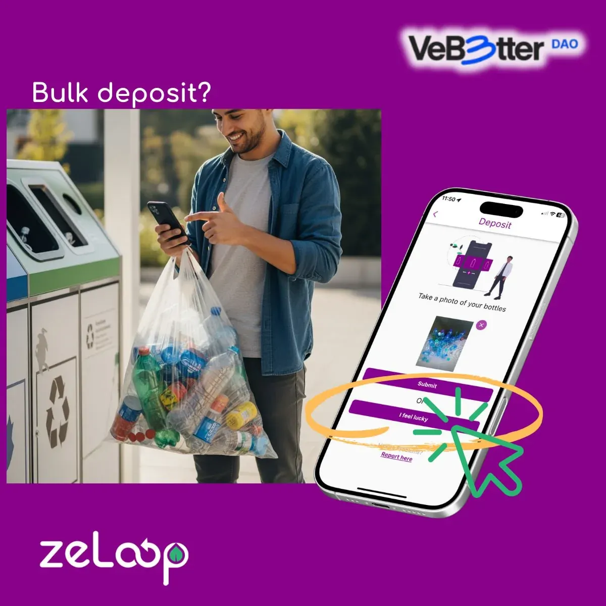 Man using a recycling app on his phone next to a recycling bin, holding groceries, suggesting digital support for local sustainability projects Man using a recycling app on his phone next to a recycling bin, holding groceries, suggesting digital support for local sustainability projects